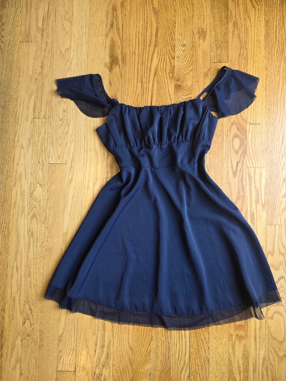 Navy Blue Ruffle Shoulder Ruched Top Fit & Flare Dress